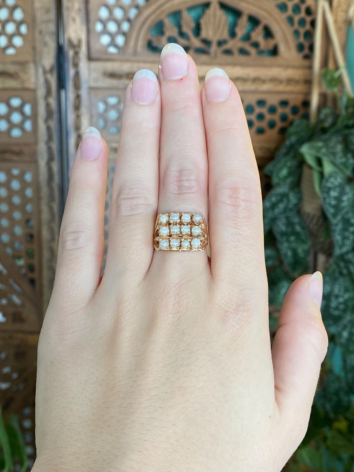 Vintage Solid 14k Yellow Gold Pearl Rows Ring - Size 6.75
