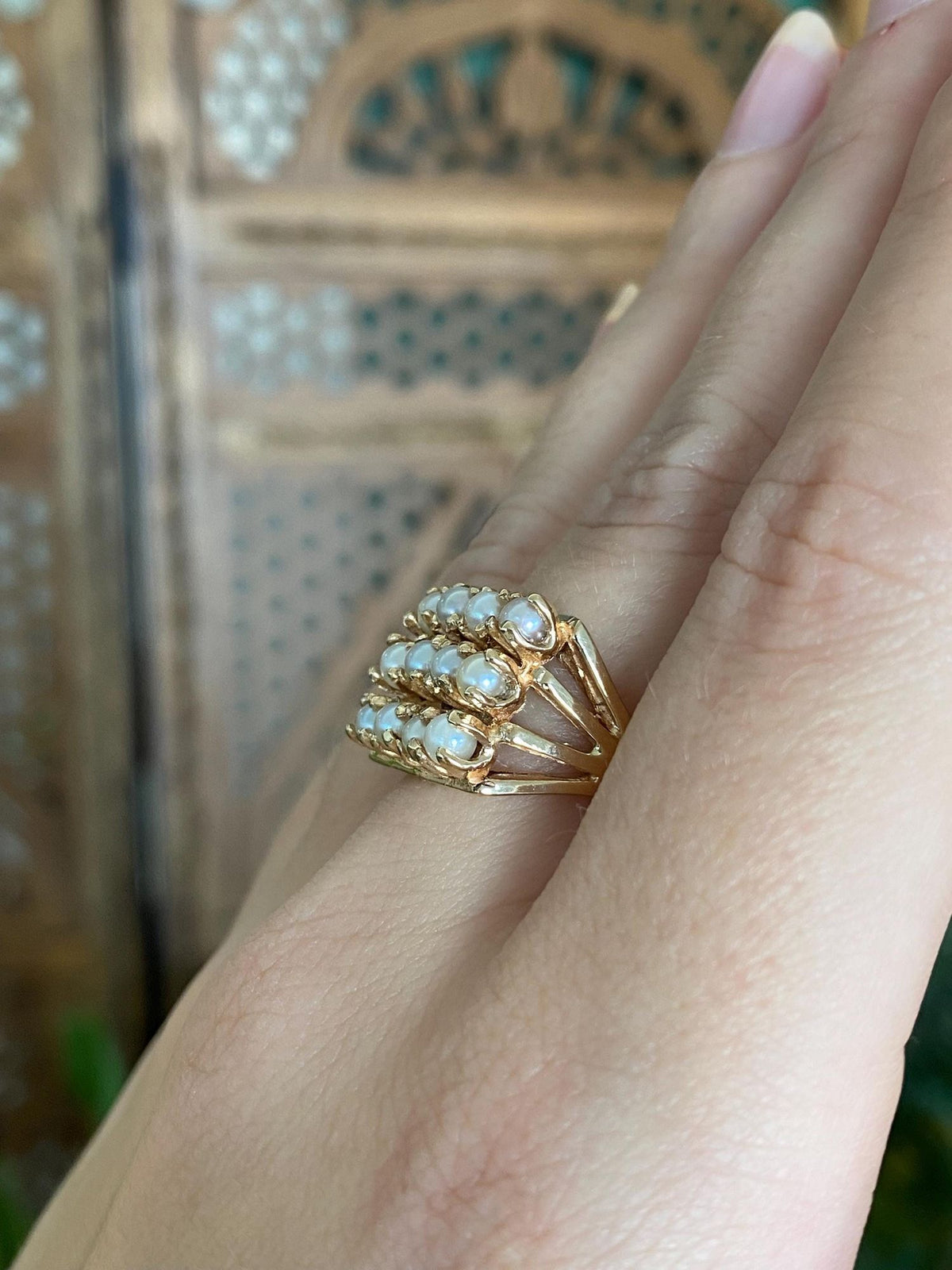 Vintage Solid 14k Yellow Gold Pearl Rows Ring - Size 6.75