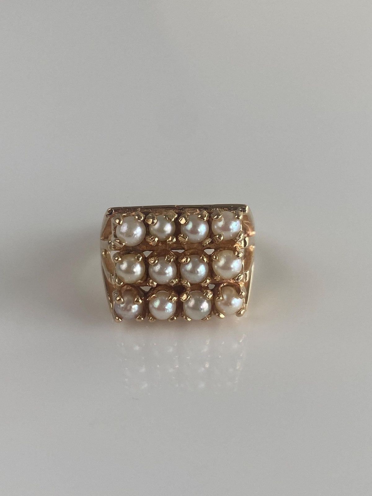 Vintage Solid 14k Yellow Gold Pearl Rows Ring - Size 6.75
