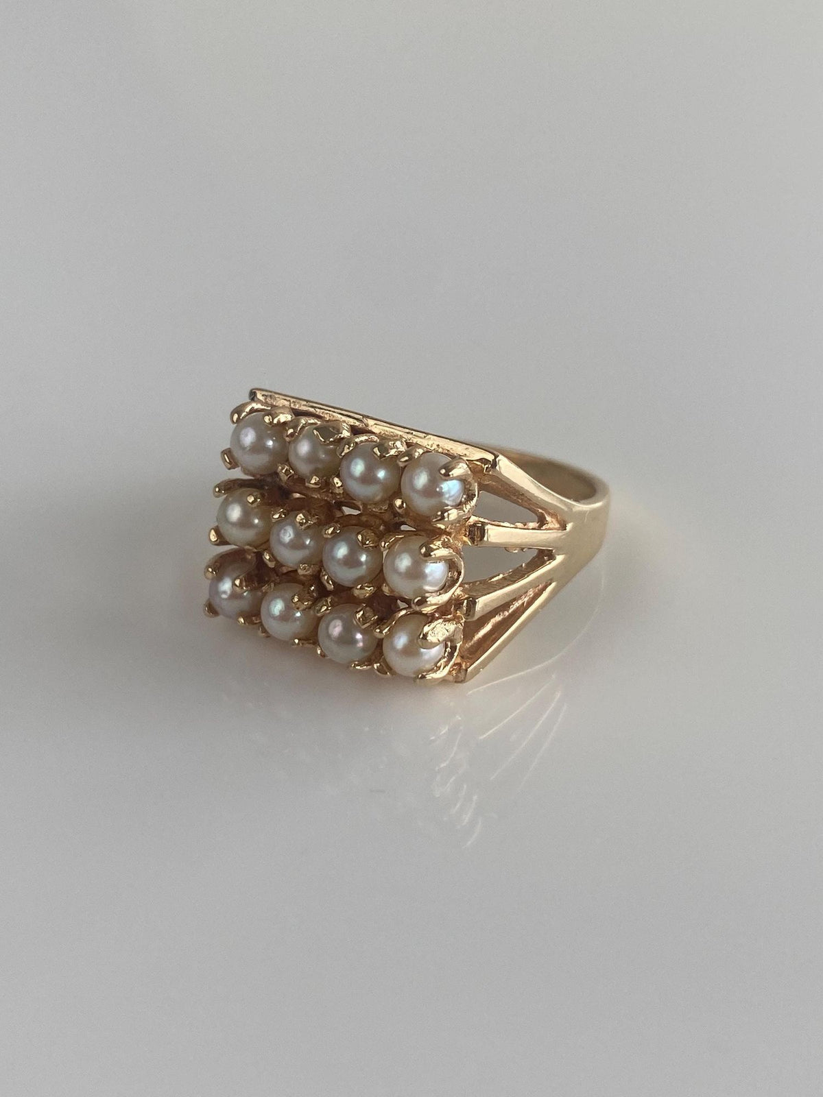 Vintage Solid 14k Yellow Gold Pearl Rows Ring - Size 6.75