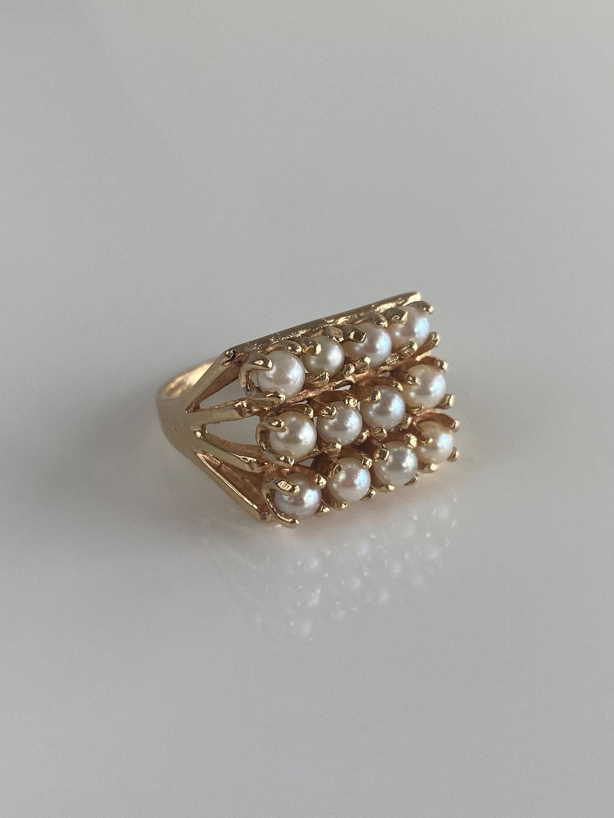 Vintage Solid 14k Yellow Gold Pearl Rows Ring - Size 6.75