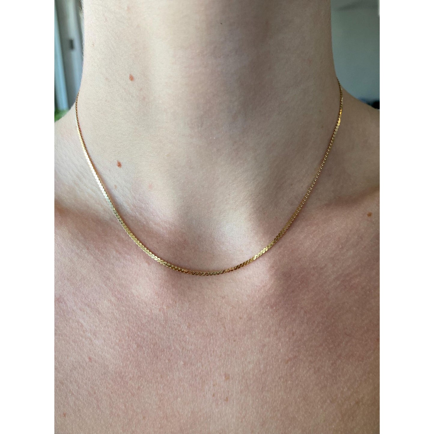 Vintage Solid 14k Yellow Gold Flat Serpentine Chain Necklace - 15.25 inches