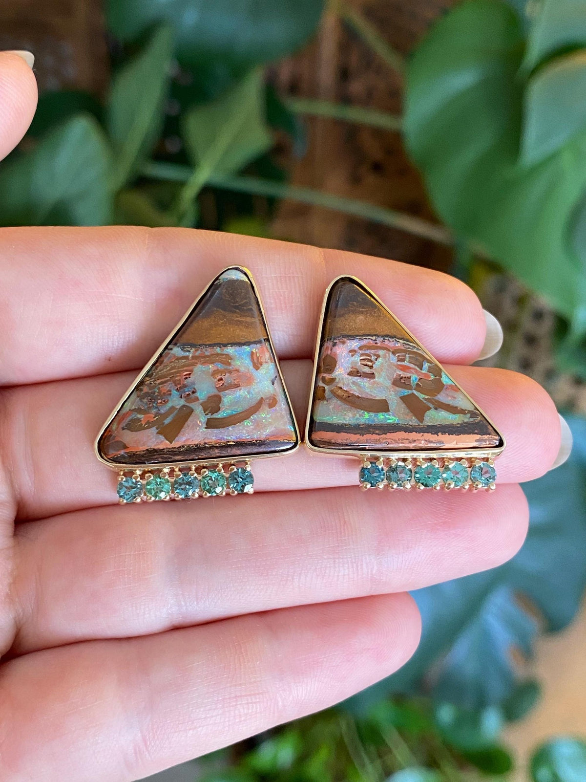 Vintage Solid 14k Yellow Gold Boulder Opal Aquamarine Drop Earrings