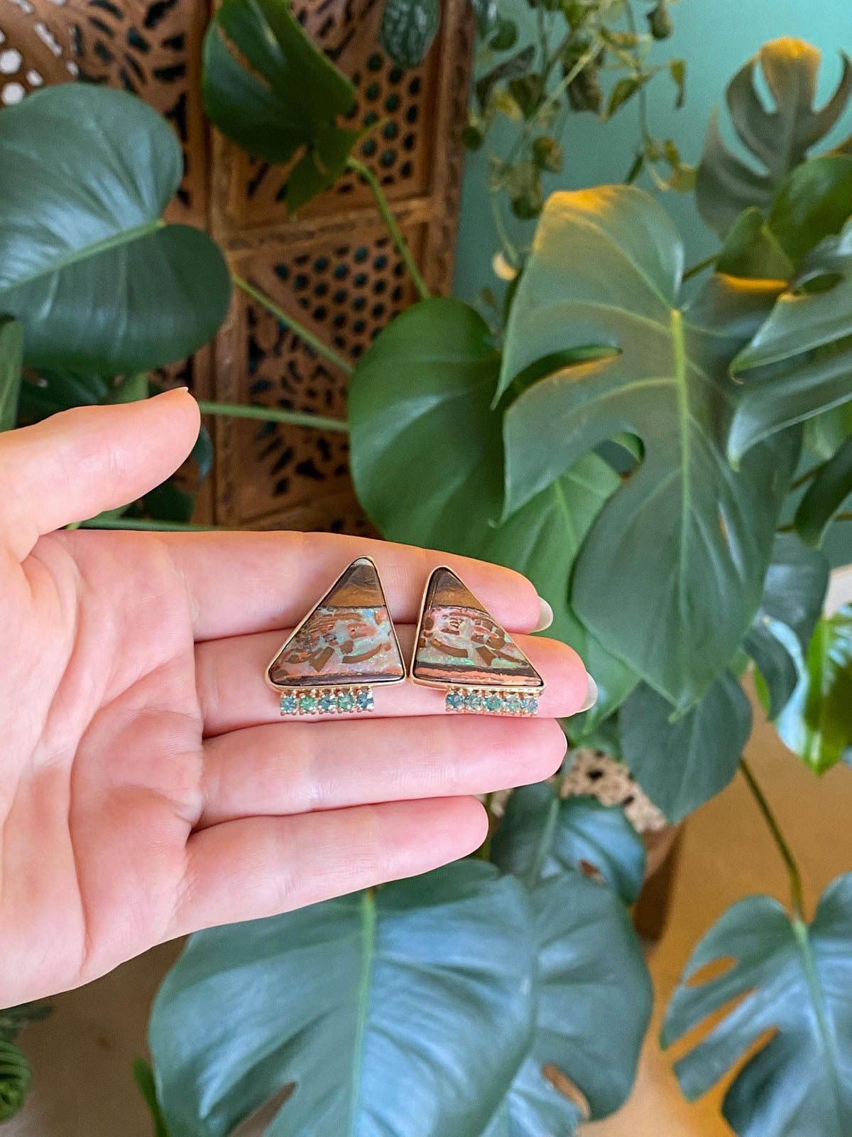 Vintage Solid 14k Yellow Gold Boulder Opal Aquamarine Drop Earrings