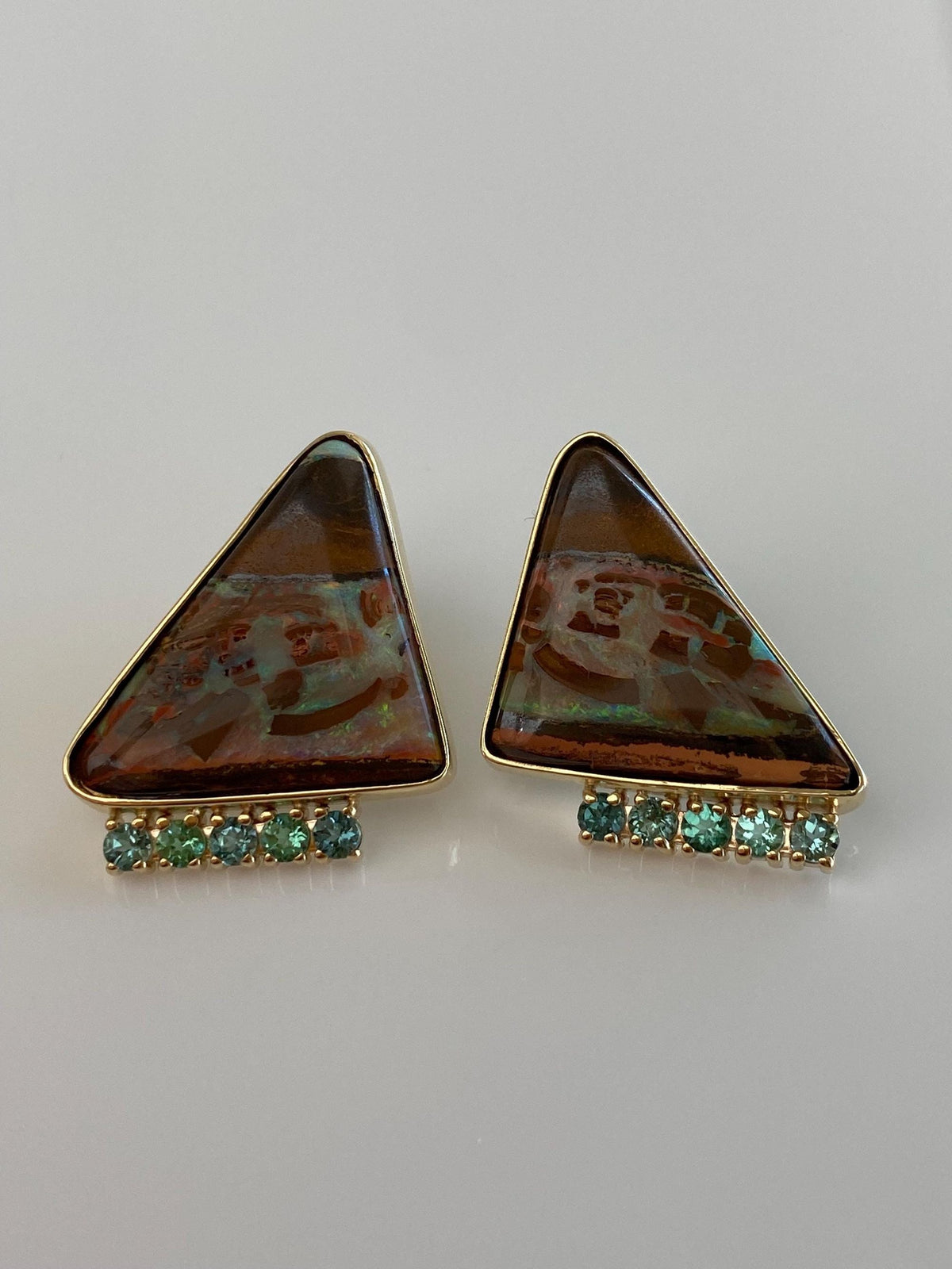 Vintage Solid 14k Yellow Gold Boulder Opal Aquamarine Drop Earrings