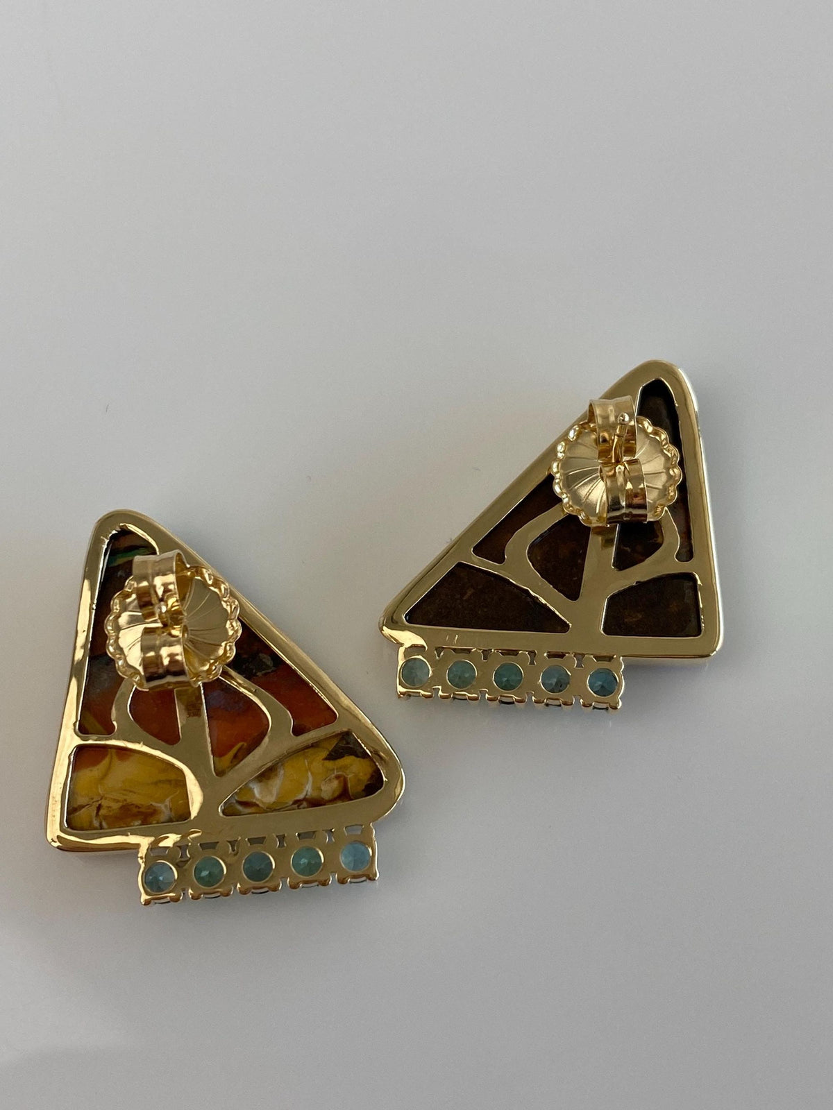 Vintage Solid 14k Yellow Gold Boulder Opal Aquamarine Drop Earrings