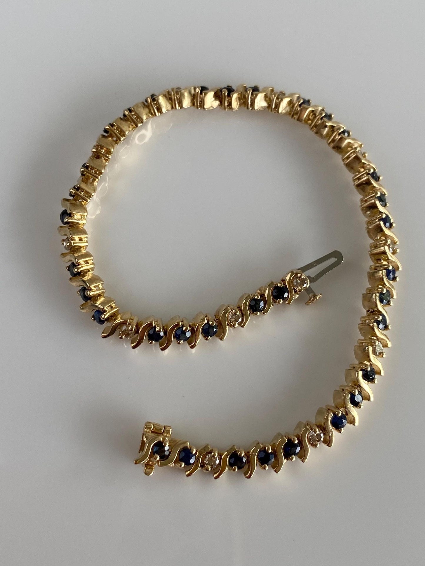Solid 14k Yellow Gold Diamond Blue Sapphire Link Bracelet - 7 inches