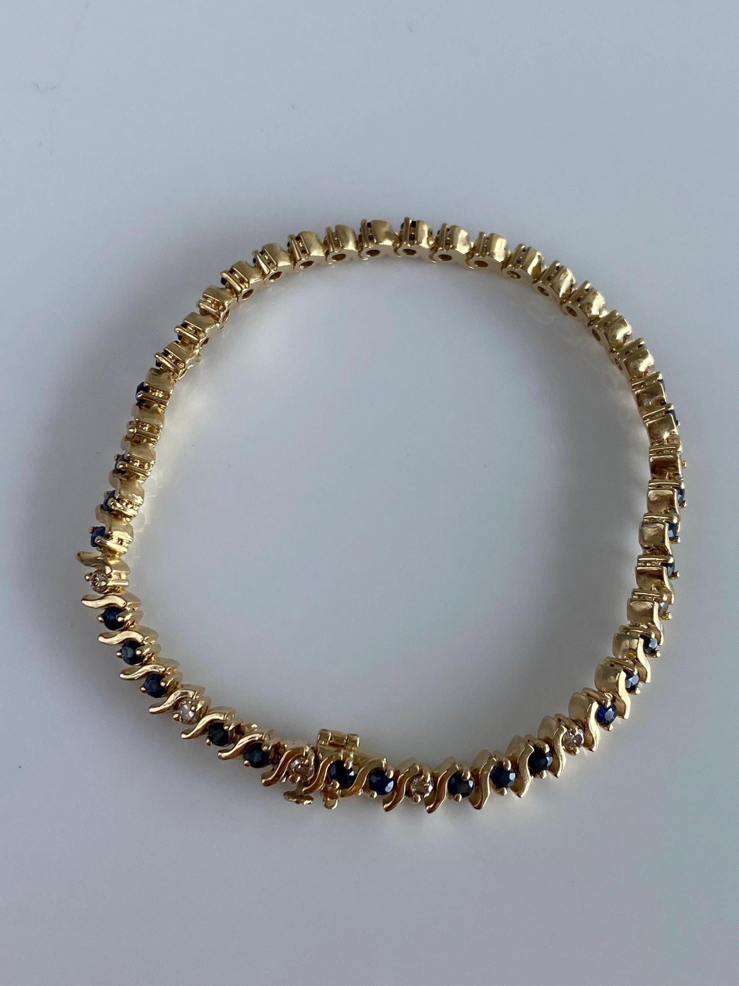 Solid 14k Yellow Gold Diamond Blue Sapphire Link Bracelet - 7 inches