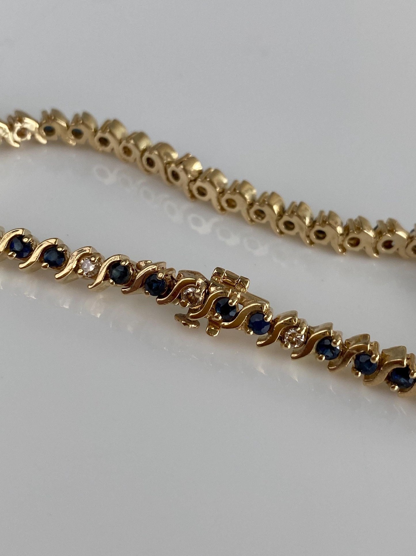 Solid 14k Yellow Gold Diamond Blue Sapphire Link Bracelet - 7 inches