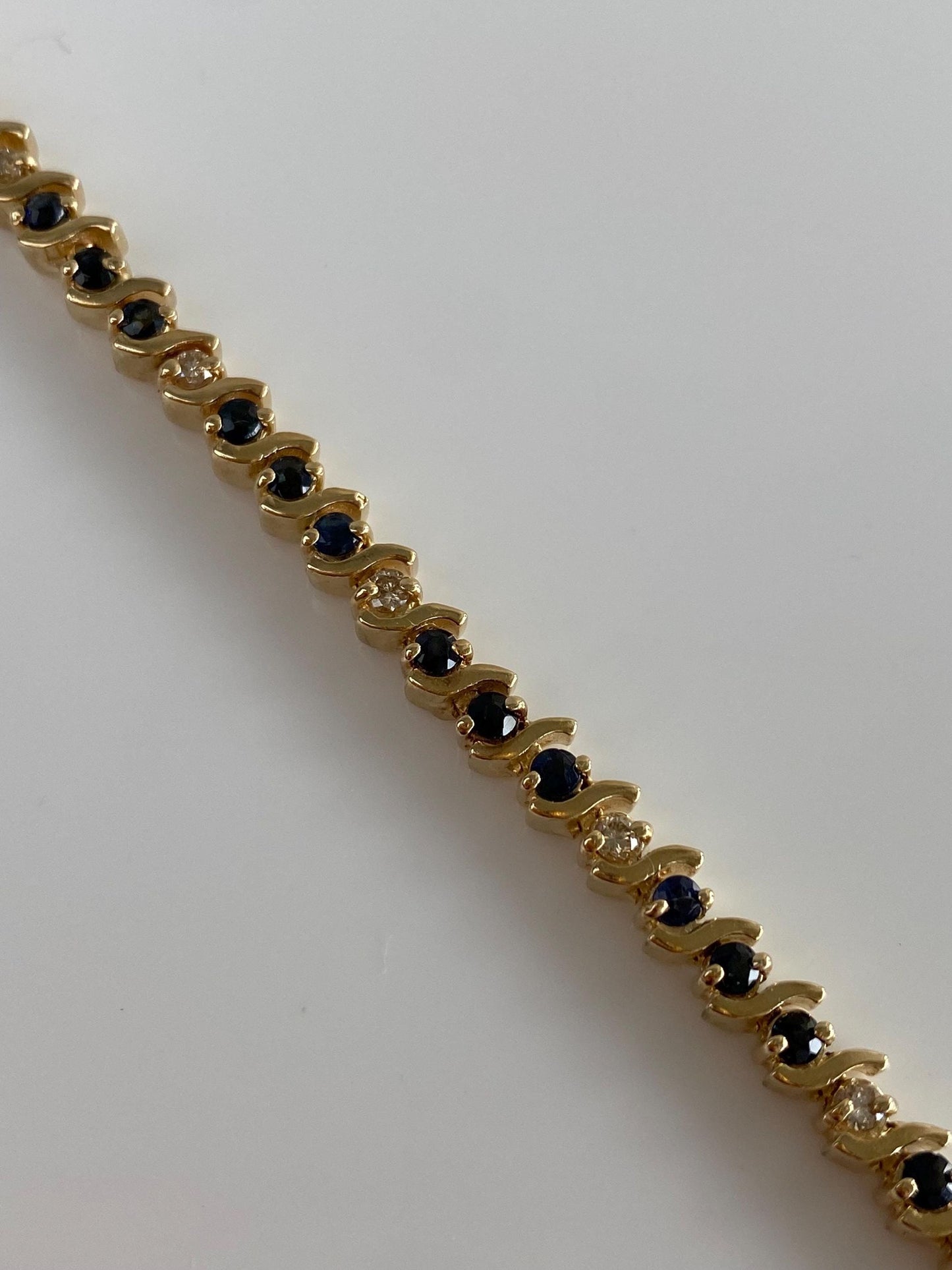 Solid 14k Yellow Gold Diamond Blue Sapphire Link Bracelet - 7 inches