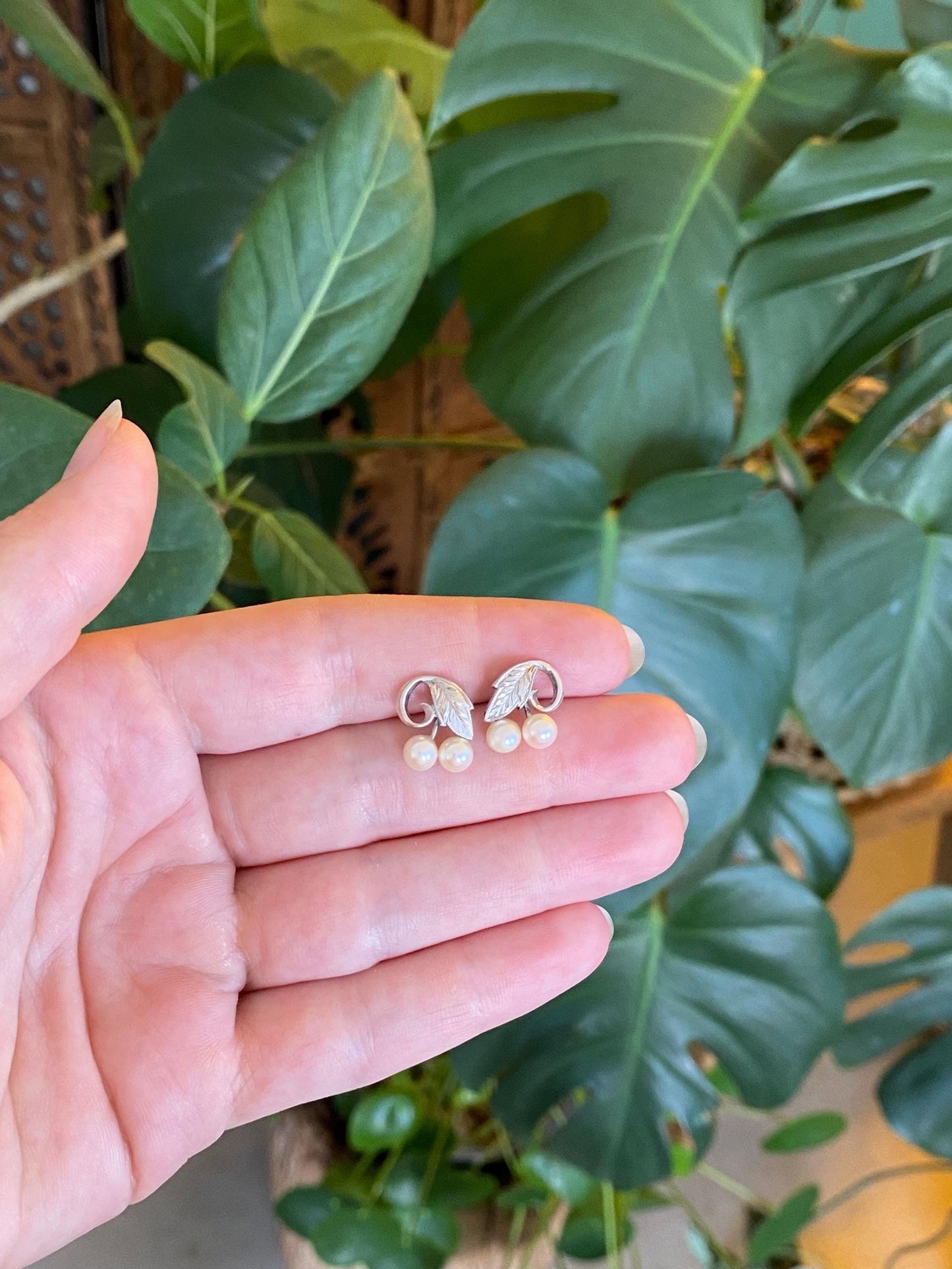 Solid Sterling Silver Pearls Engraved Leaf Earrings