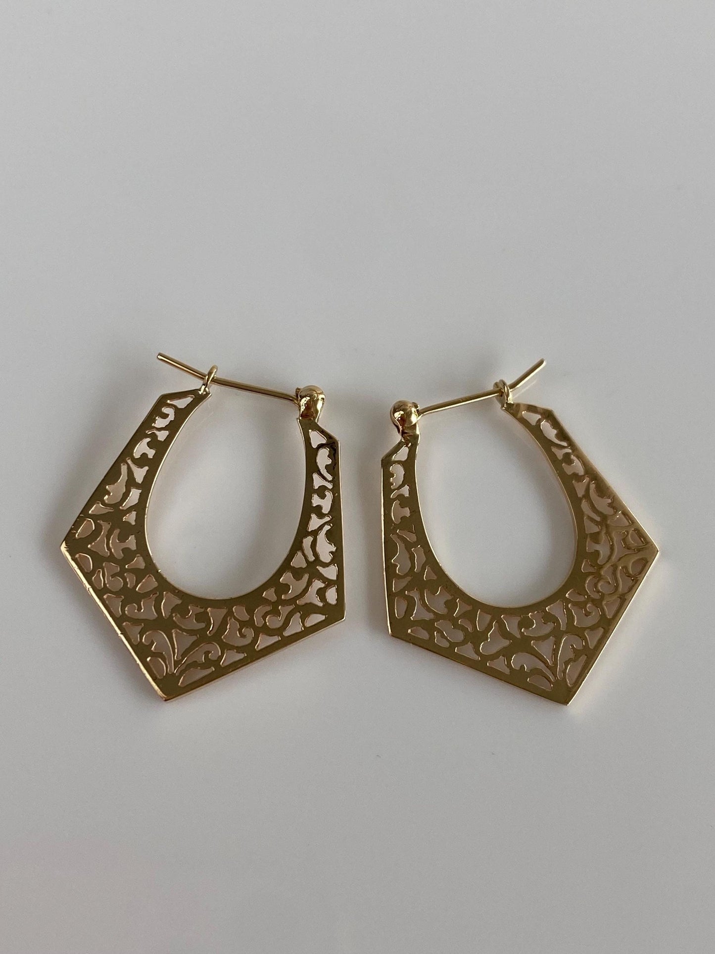 Vintage Solid 14k Yellow Gold Open Work Chevron Hoop Earrings