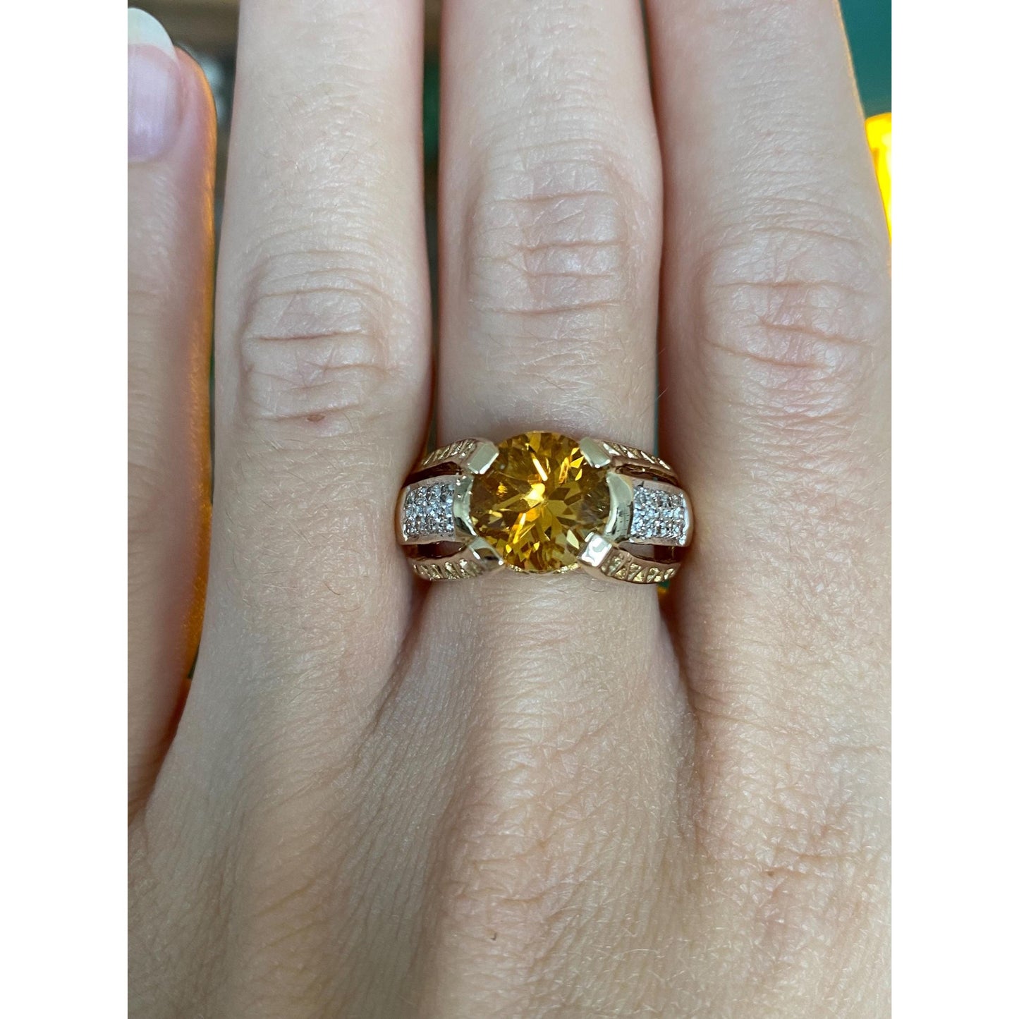Vintage Solid 14k Yellow Gold Diamond Citrine Ring - Size 6.75