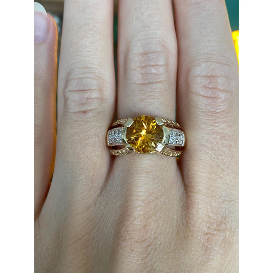 Vintage Solid 14k Yellow Gold Diamond Citrine Ring - Size 6.75