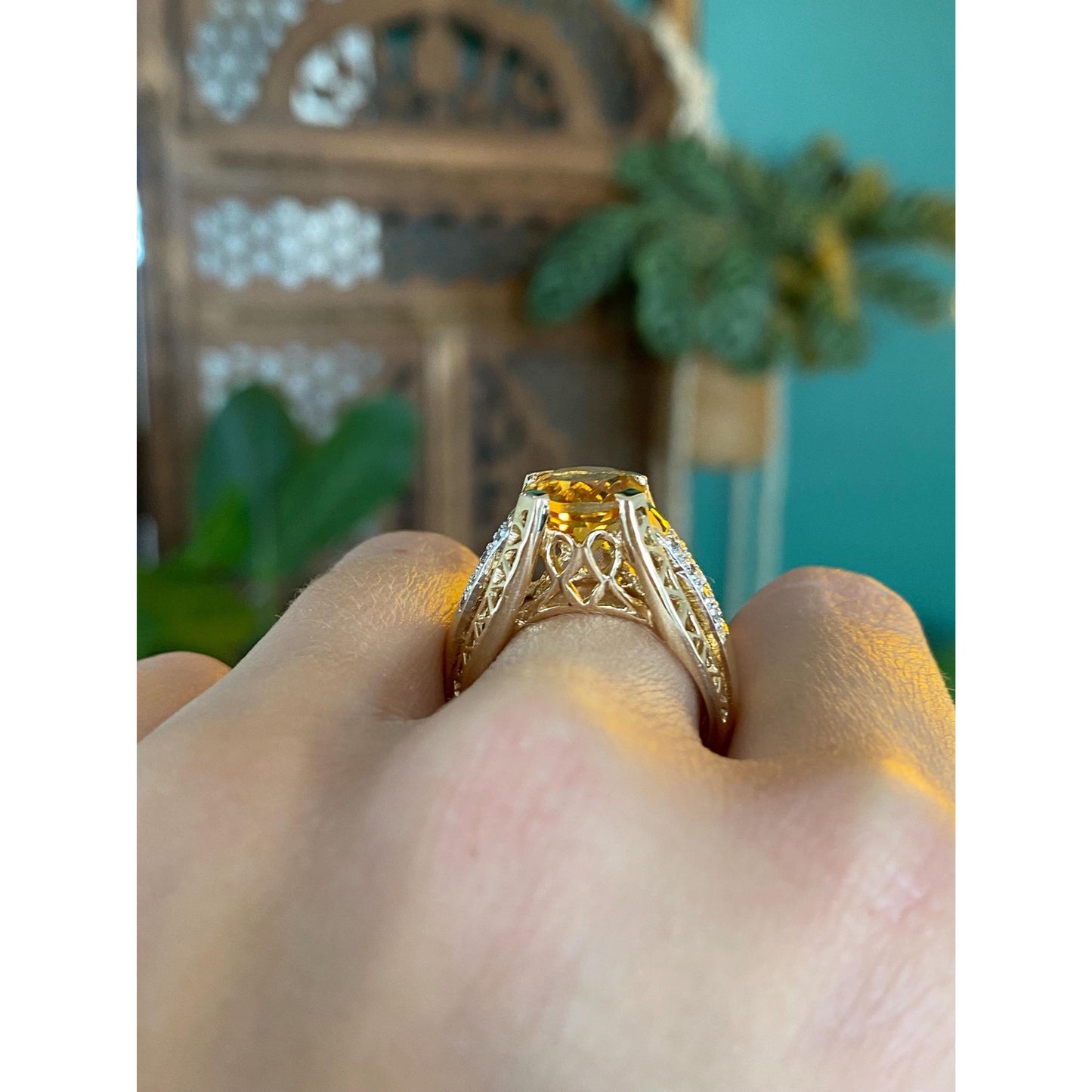 Vintage Solid 14k Yellow Gold Diamond Citrine Ring - Size 6.75