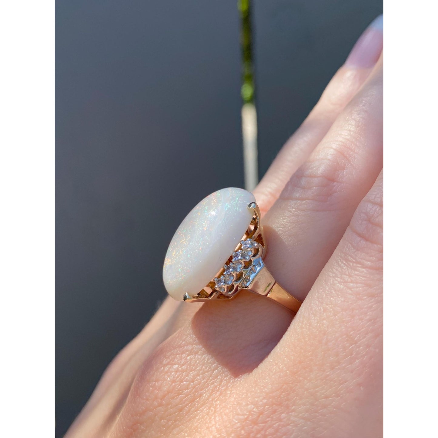 Vintage Solid 10k Yellow Gold Opal Clear Quartz Ring - Size 5.5