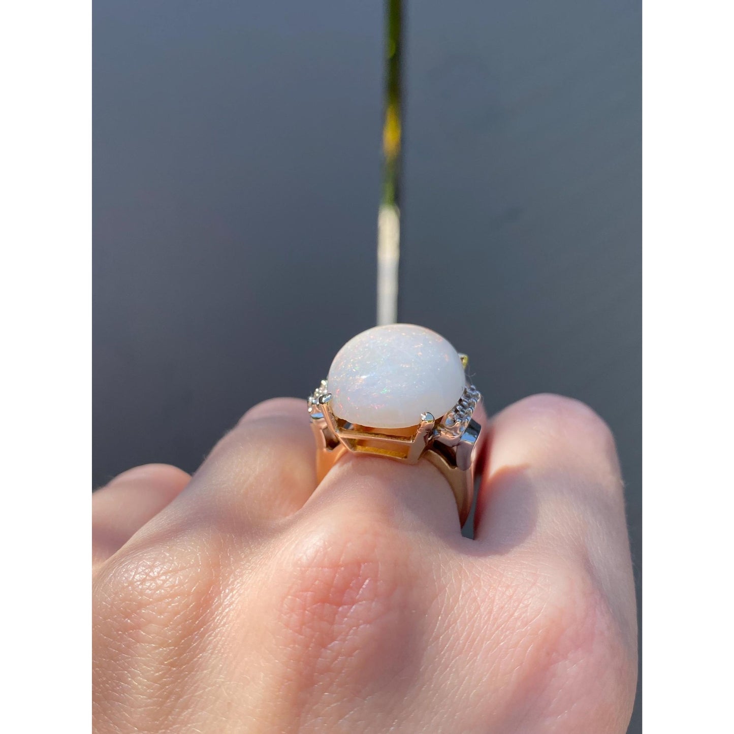 Vintage Solid 10k Yellow Gold Opal Clear Quartz Ring - Size 5.5