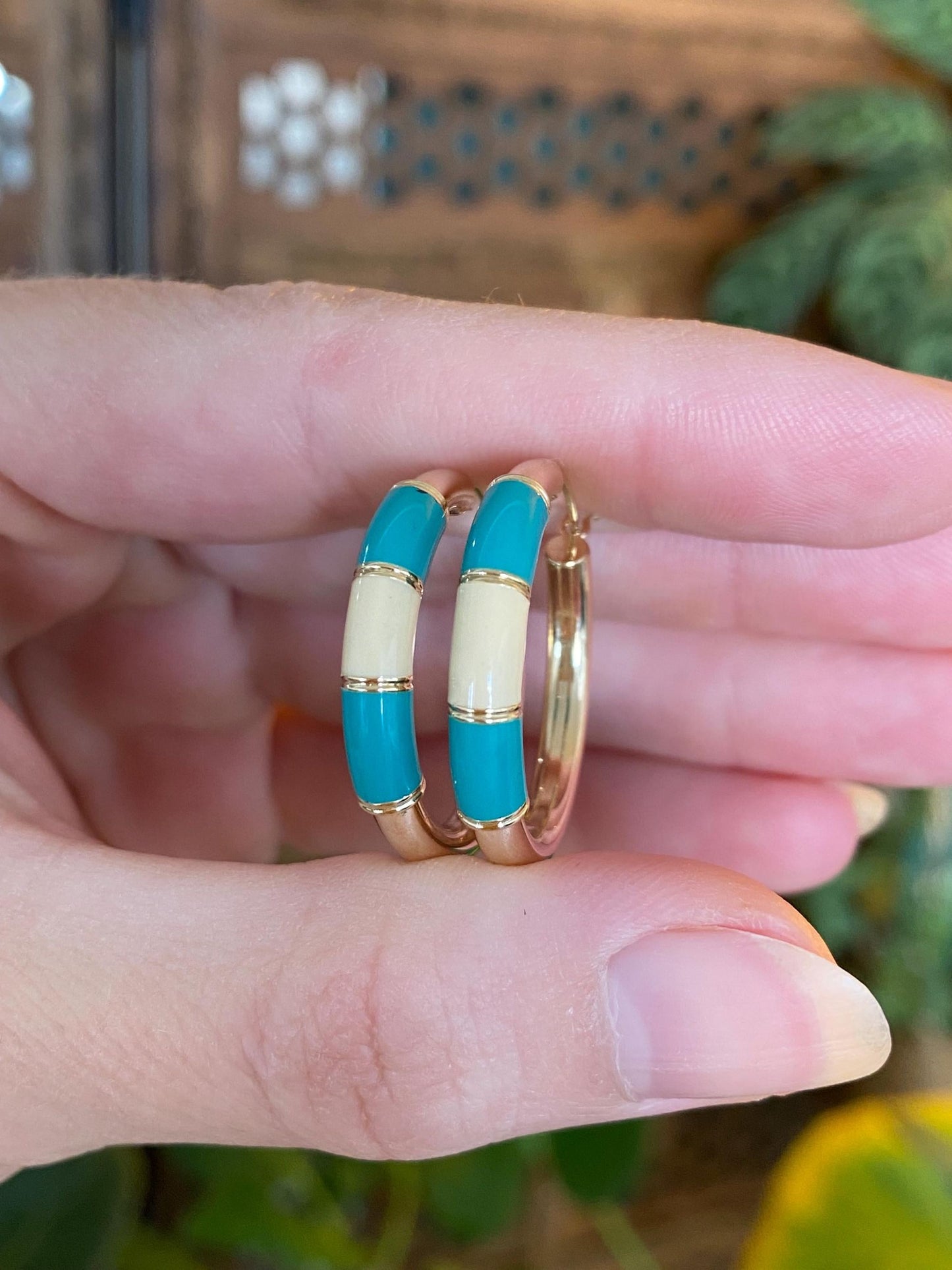 Vintage 14k Yellow Gold Teal White Enamel Hoop Earrings