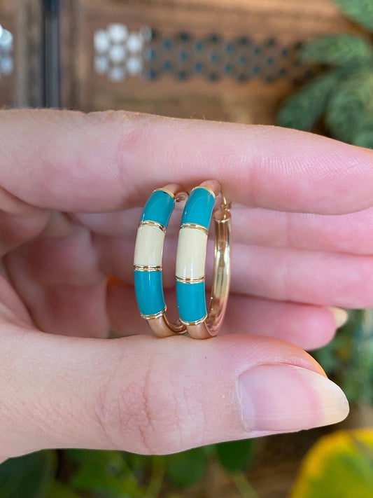 Vintage 14k Yellow Gold Teal White Enamel Hoop Earrings
