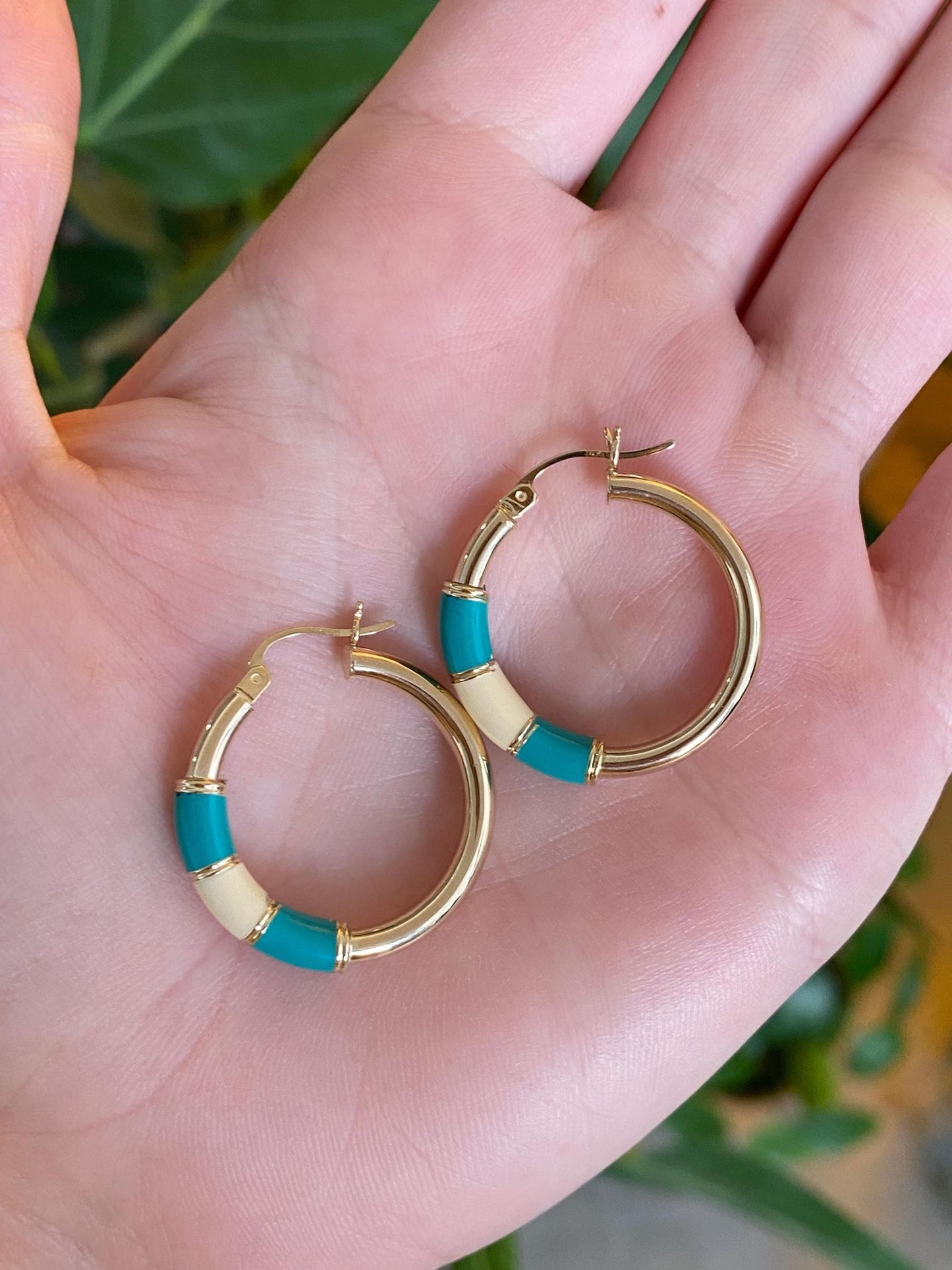Vintage 14k Yellow Gold Teal White Enamel Hoop Earrings