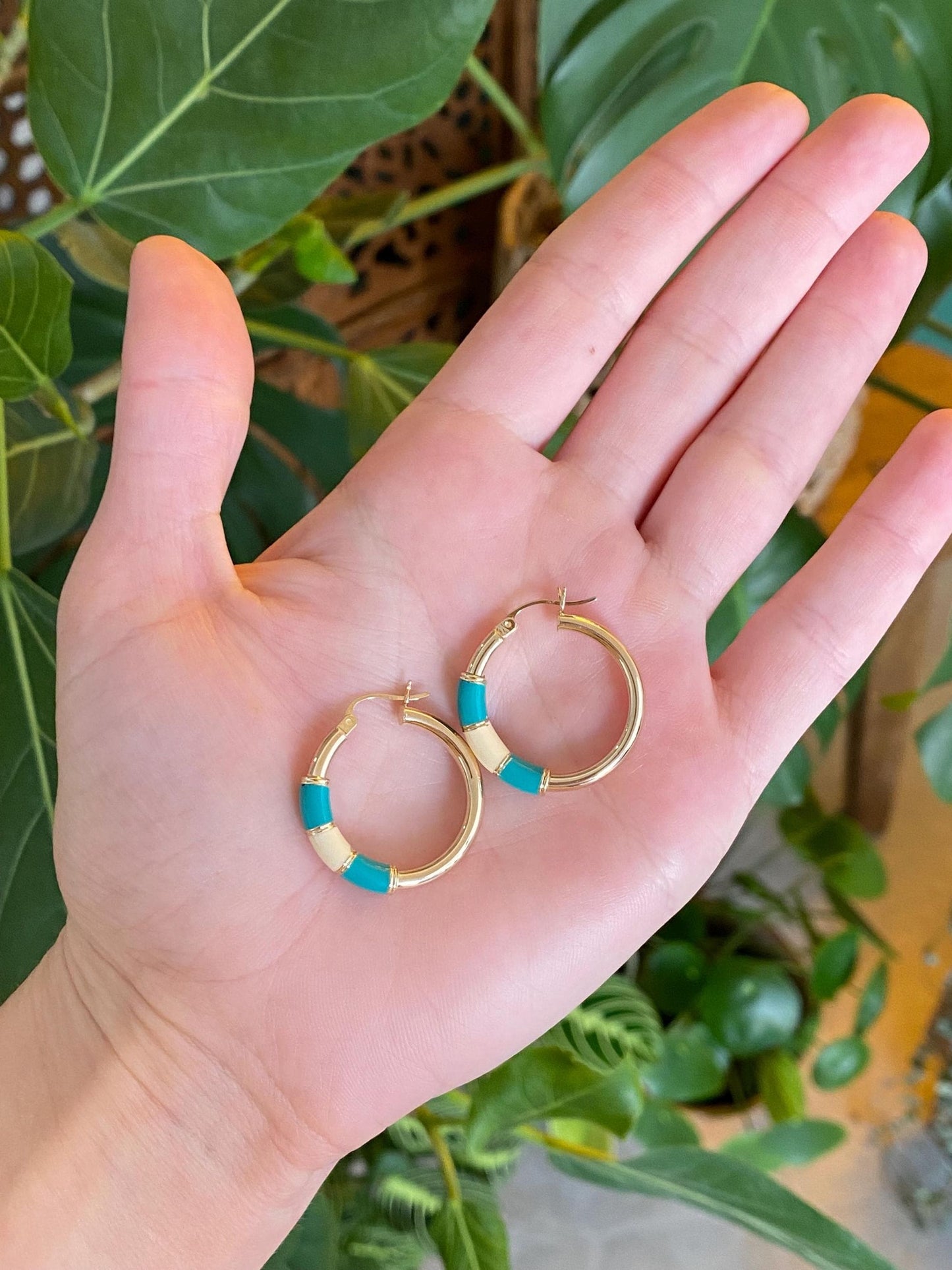 Vintage 14k Yellow Gold Teal White Enamel Hoop Earrings