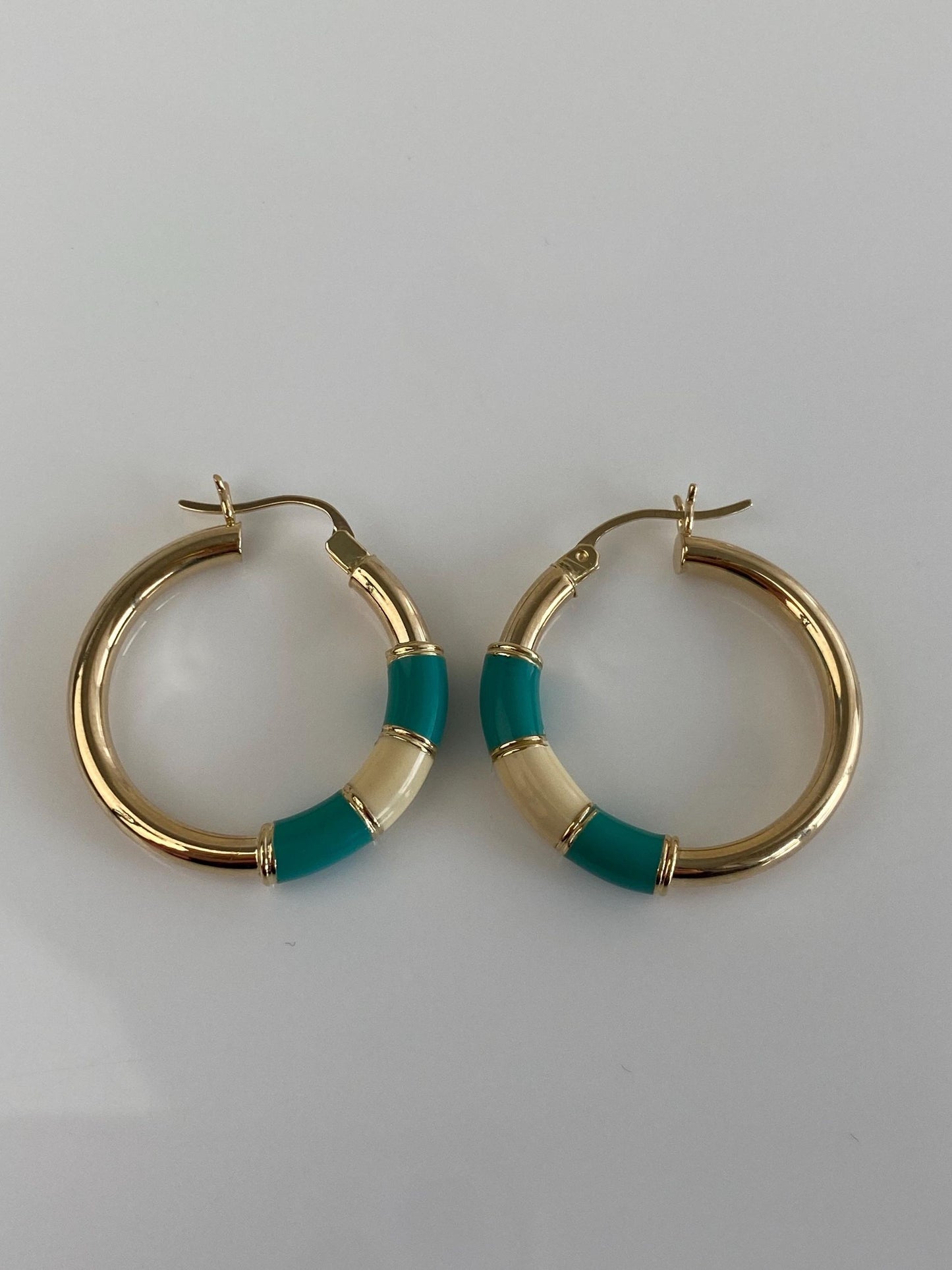 Vintage 14k Yellow Gold Teal White Enamel Hoop Earrings