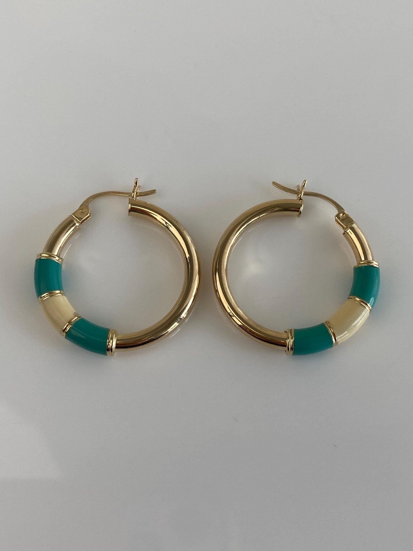 Vintage 14k Yellow Gold Teal White Enamel Hoop Earrings