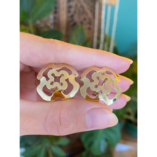 Vintage Solid 14k Yellow Gold Flower Open Work Stud Earrings