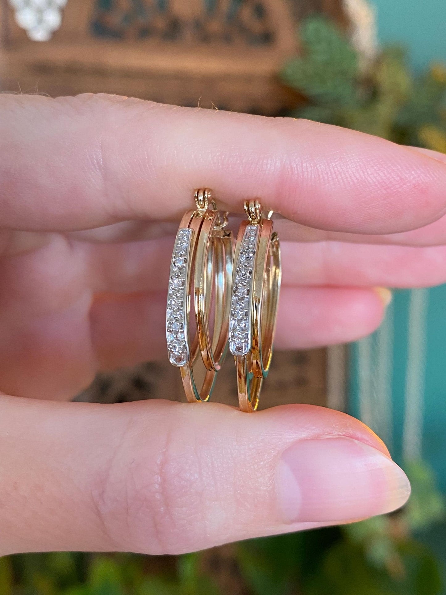 Vintage 14k White & Yellow Gold Diamond Hoop Earrings