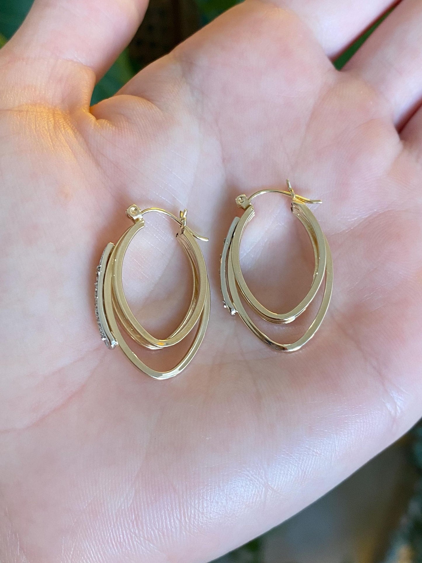 Vintage 14k White & Yellow Gold Diamond Hoop Earrings