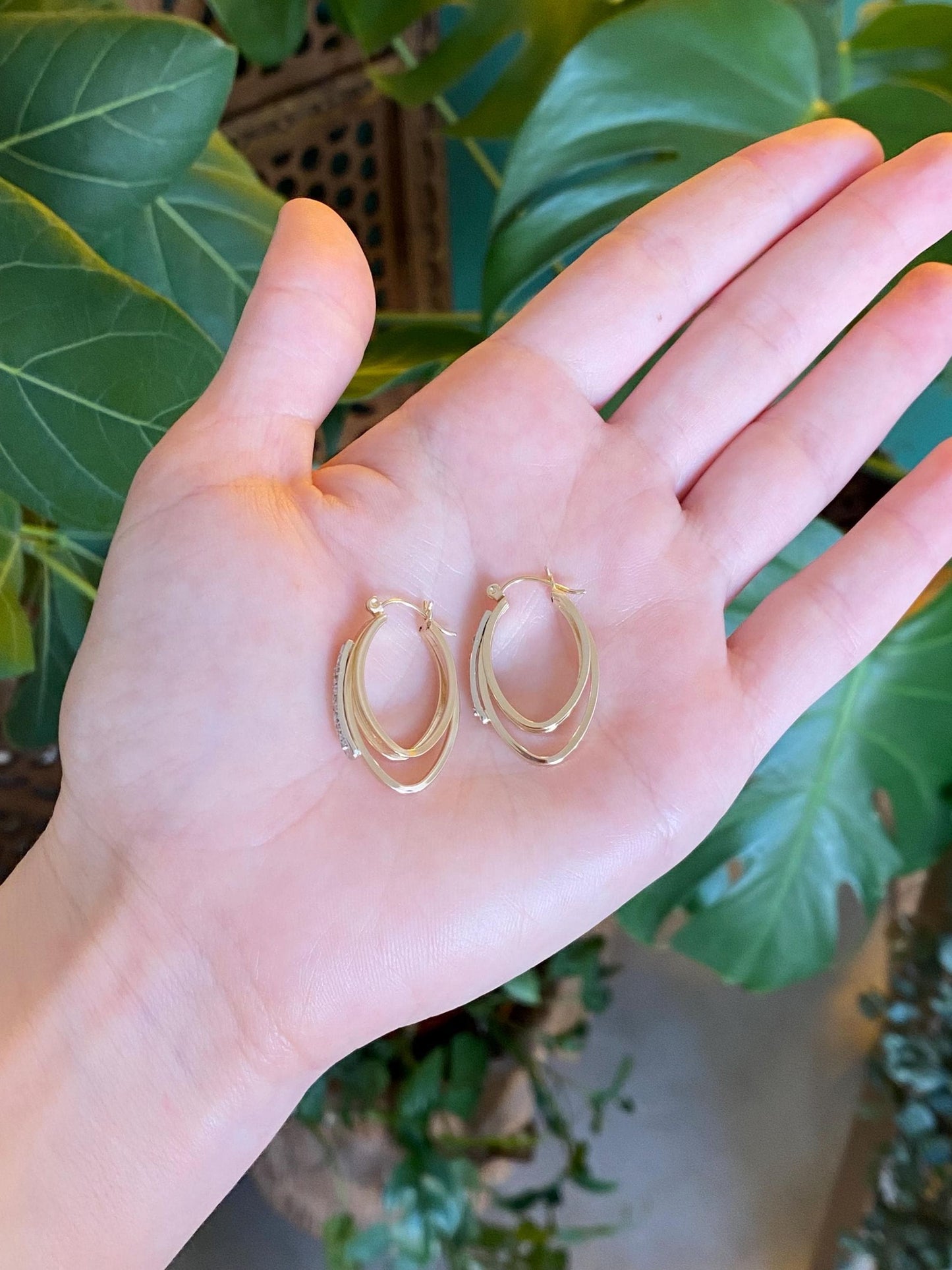 Vintage 14k White & Yellow Gold Diamond Hoop Earrings