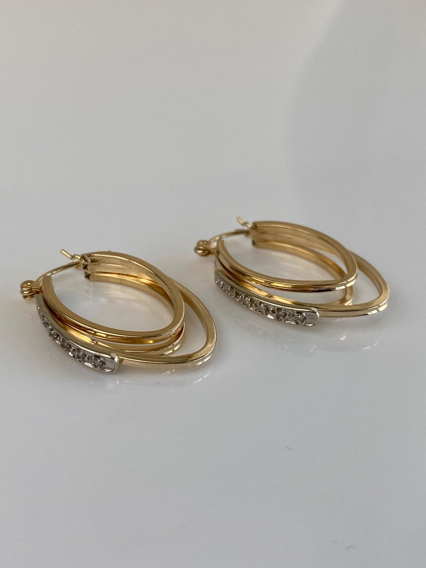 Vintage 14k White & Yellow Gold Diamond Hoop Earrings