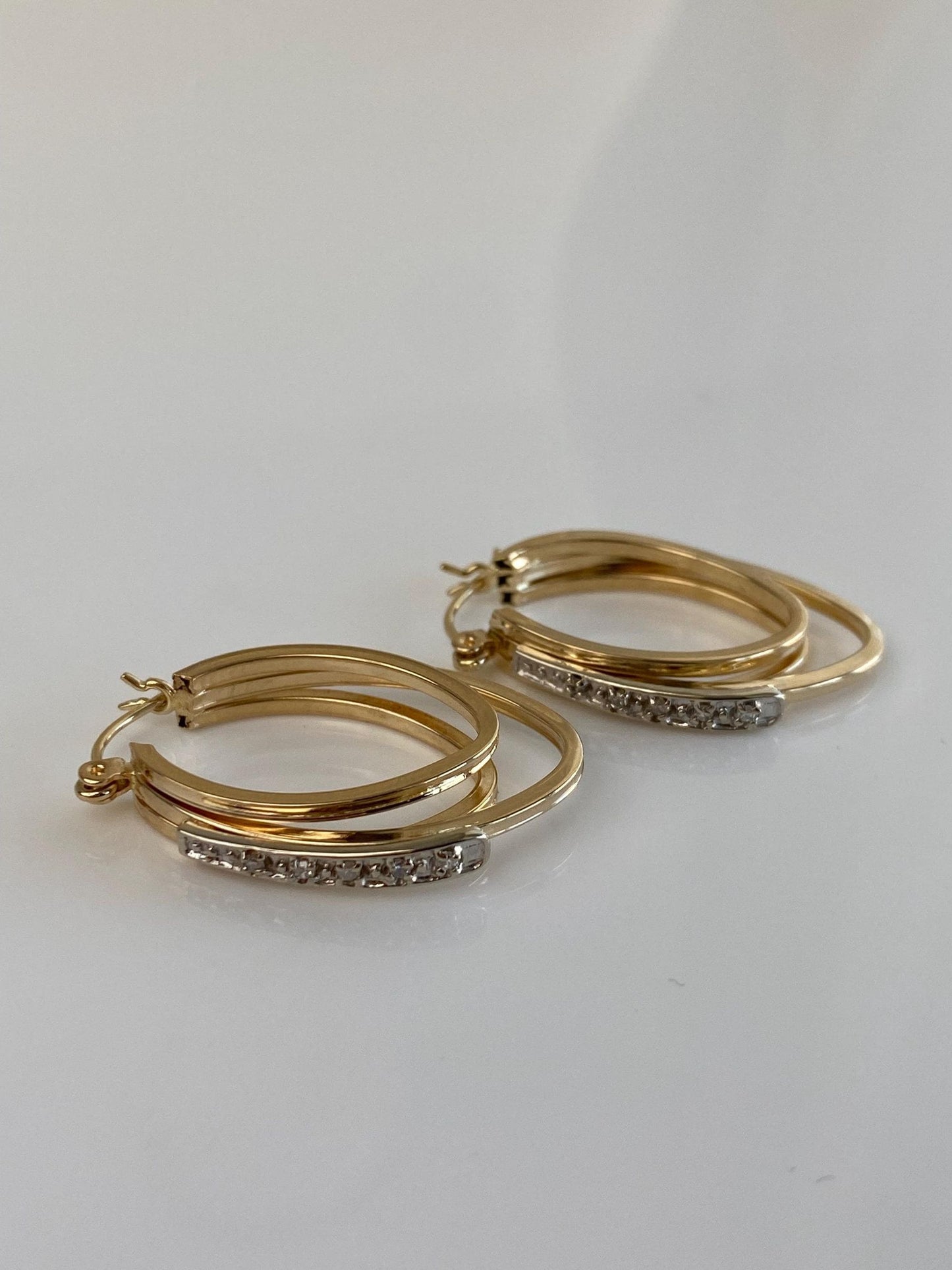 Vintage 14k White & Yellow Gold Diamond Hoop Earrings