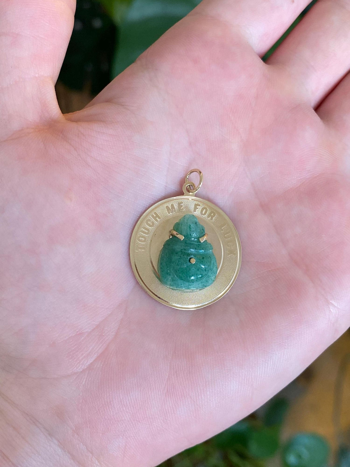 Vintage Solid 14k Yellow Gold Carved Jade Buddah 'Touch Me for Good Luck' Charm