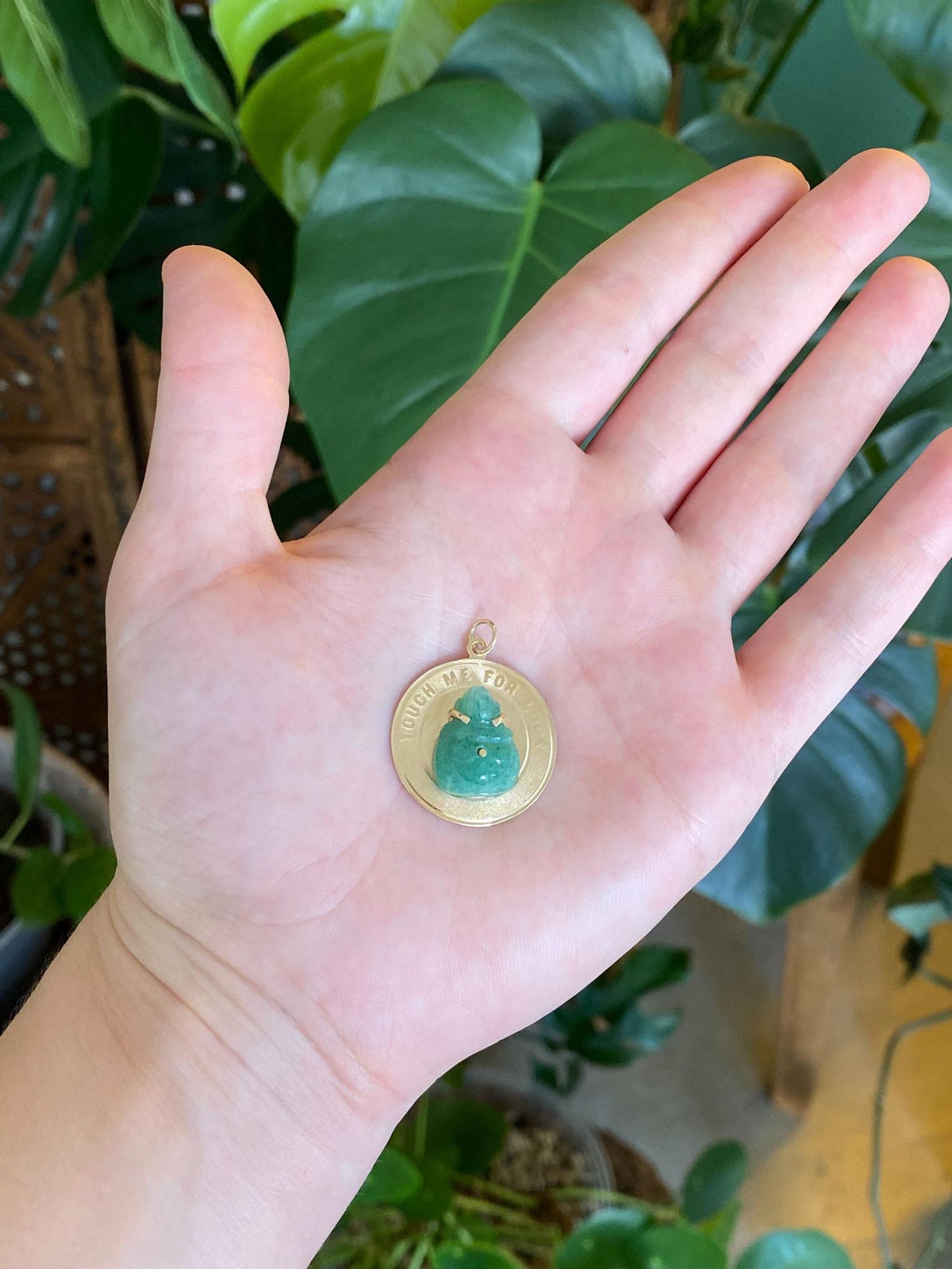 Vintage Solid 14k Yellow Gold Carved Jade Buddah 'Touch Me for Good Luck' Charm