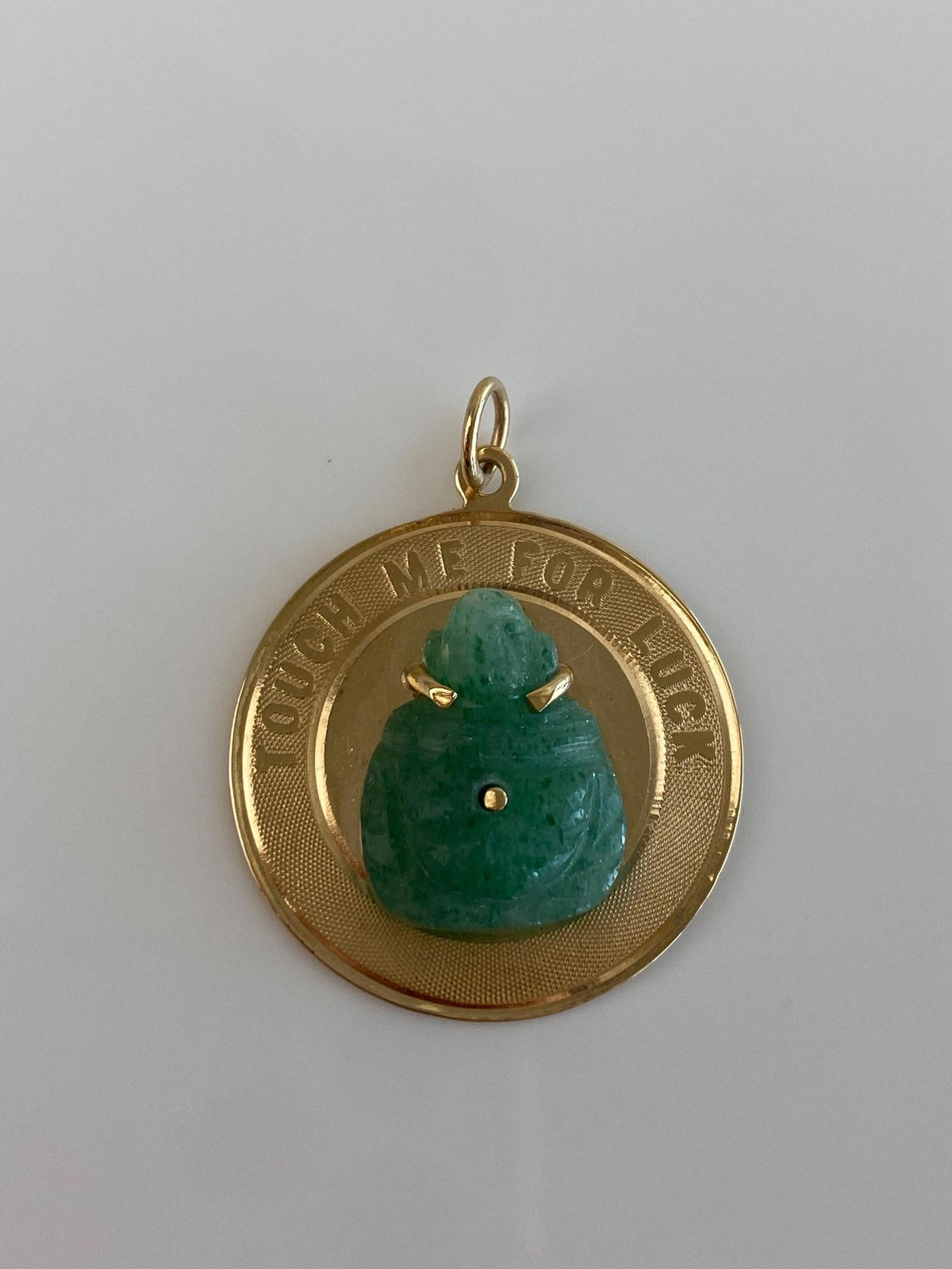 Vintage Solid 14k Yellow Gold Carved Jade Buddah 'Touch Me for Good Luck' Charm