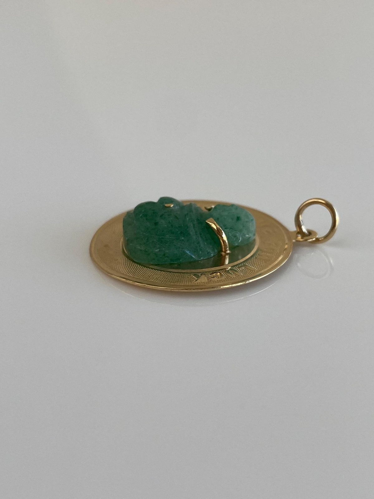 Vintage Solid 14k Yellow Gold Carved Jade Buddah 'Touch Me for Good Luck' Charm