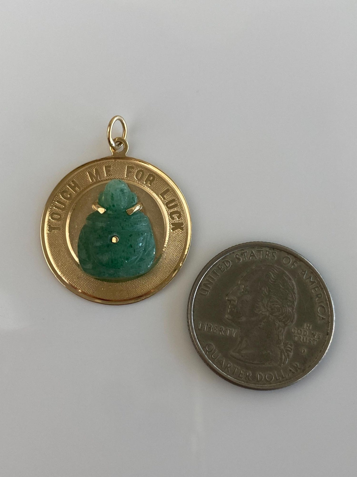 Vintage Solid 14k Yellow Gold Carved Jade Buddah 'Touch Me for Good Luck' Charm