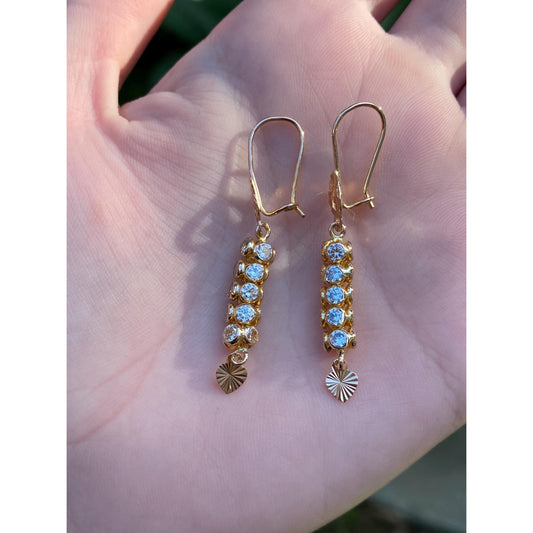 Solid 18k Yellow Gold Cubic Zirconia Bead Diamond Cut Heart Dangle Earrings