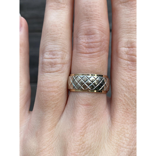 Vintage Solid 14k Yellow & White Gold Designed Wide Ring Band - Size 6.75
