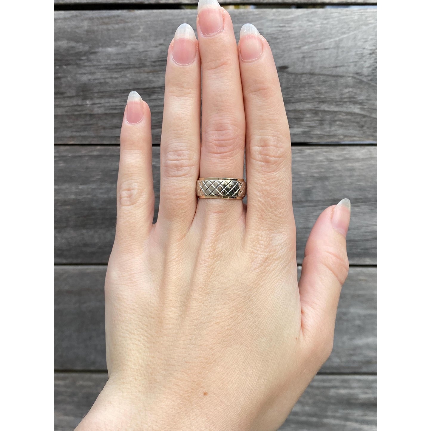 Vintage Solid 14k Yellow & White Gold Designed Wide Ring Band - Size 6.75