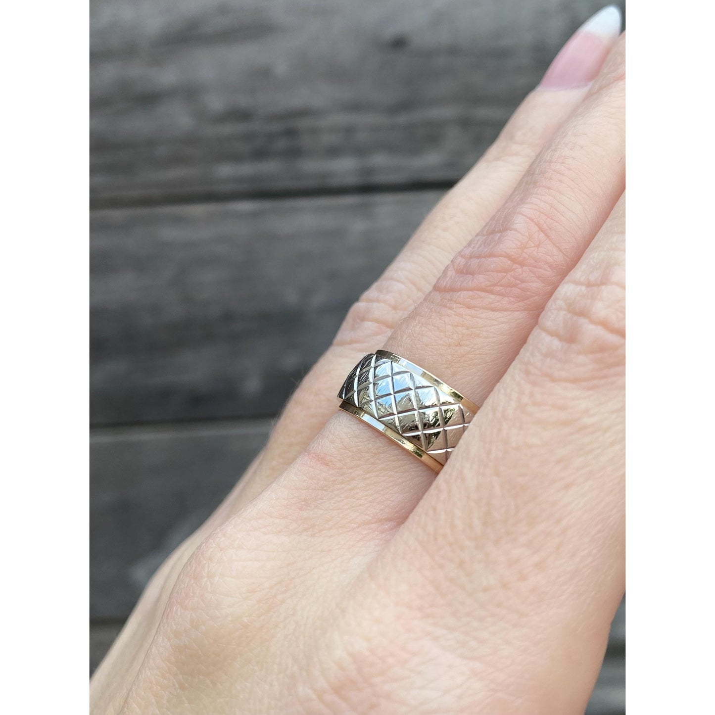 Vintage Solid 14k Yellow & White Gold Designed Wide Ring Band - Size 6.75