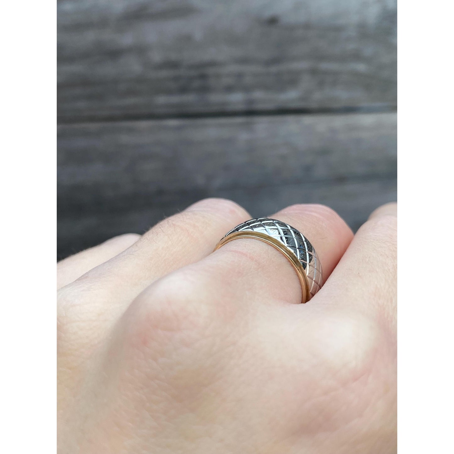 Vintage Solid 14k Yellow & White Gold Designed Wide Ring Band - Size 6.75