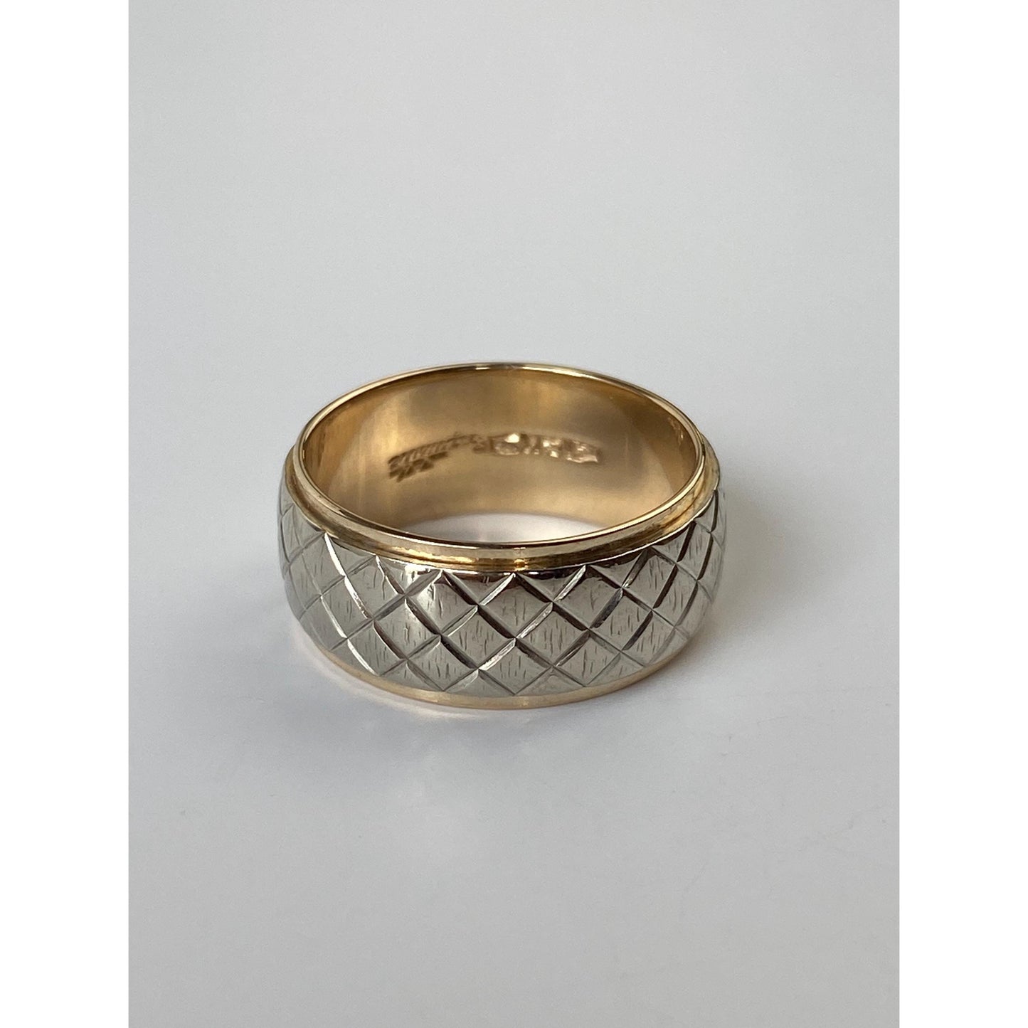 Vintage Solid 14k Yellow & White Gold Designed Wide Ring Band - Size 6.75