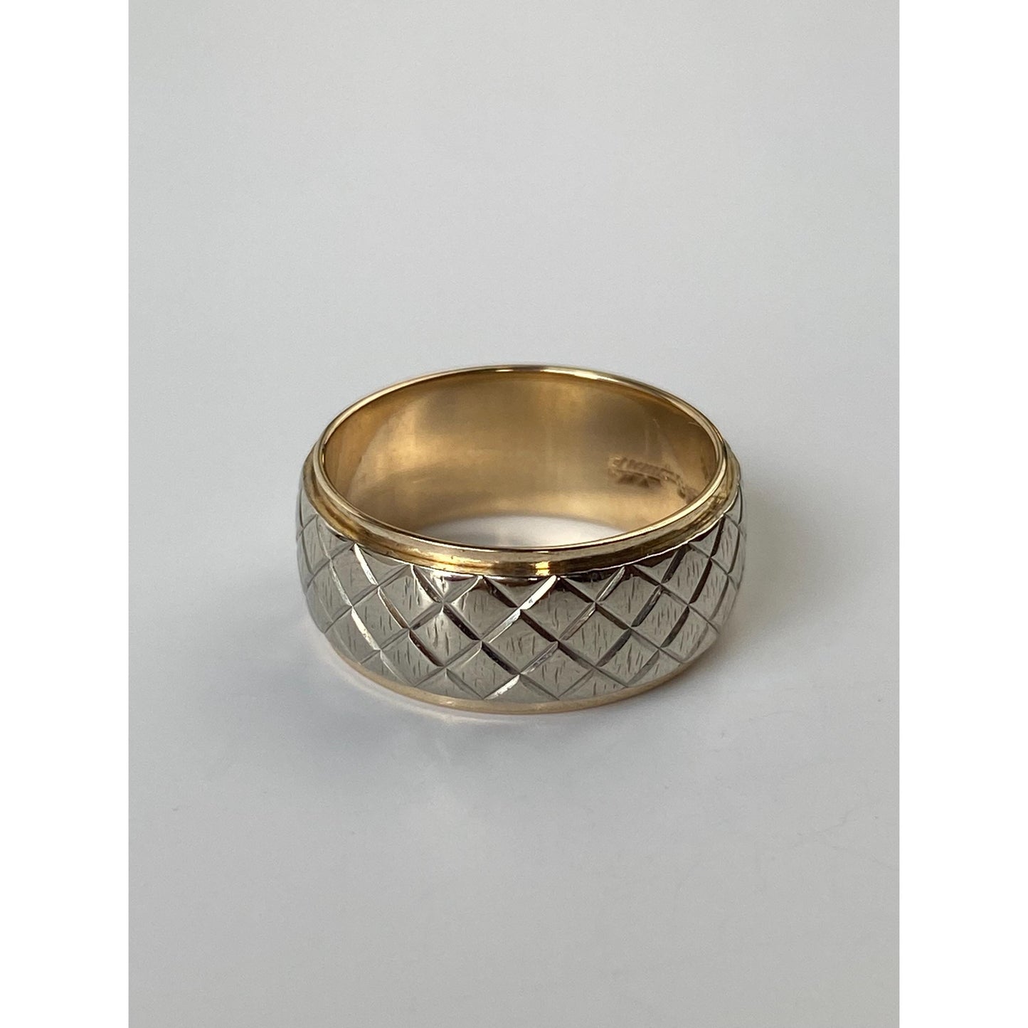 Vintage Solid 14k Yellow & White Gold Designed Wide Ring Band - Size 6.75