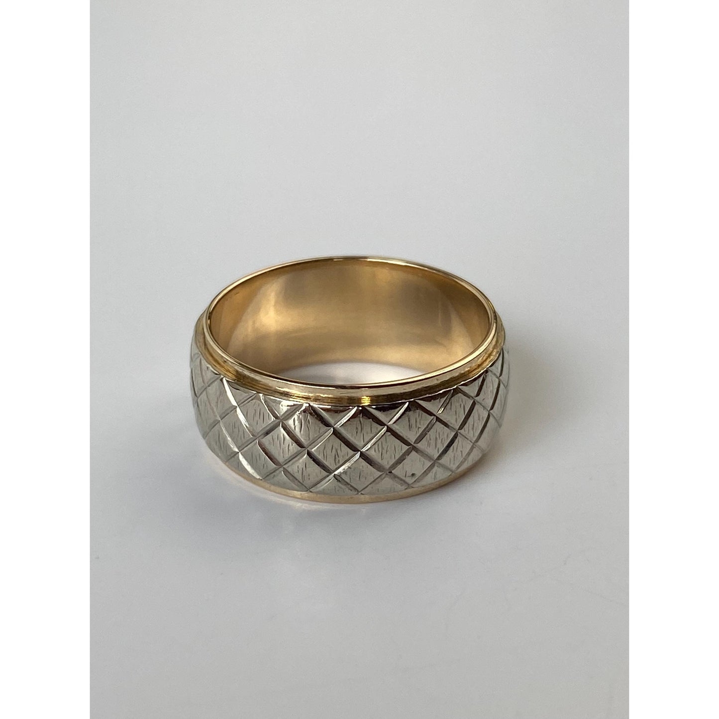 Vintage Solid 14k Yellow & White Gold Designed Wide Ring Band - Size 6.75