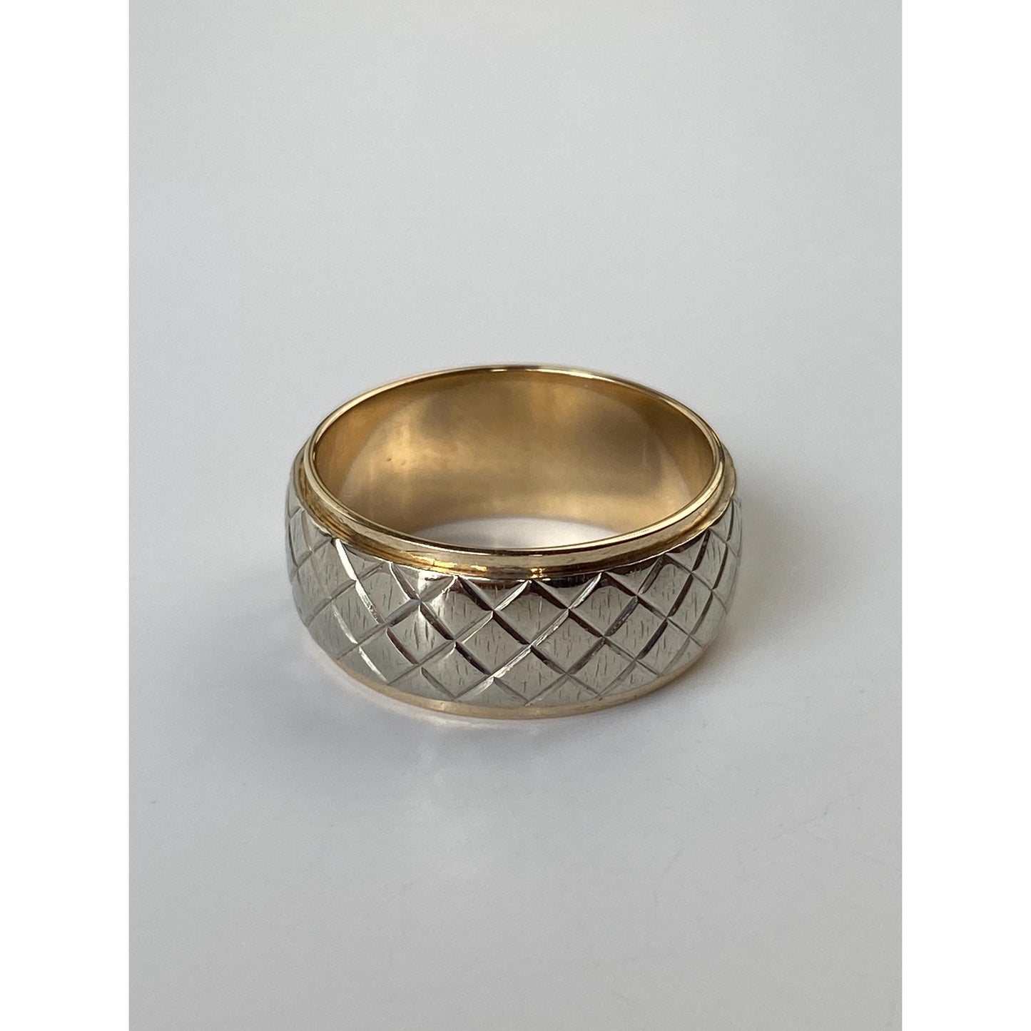 Vintage Solid 14k Yellow & White Gold Designed Wide Ring Band - Size 6.75