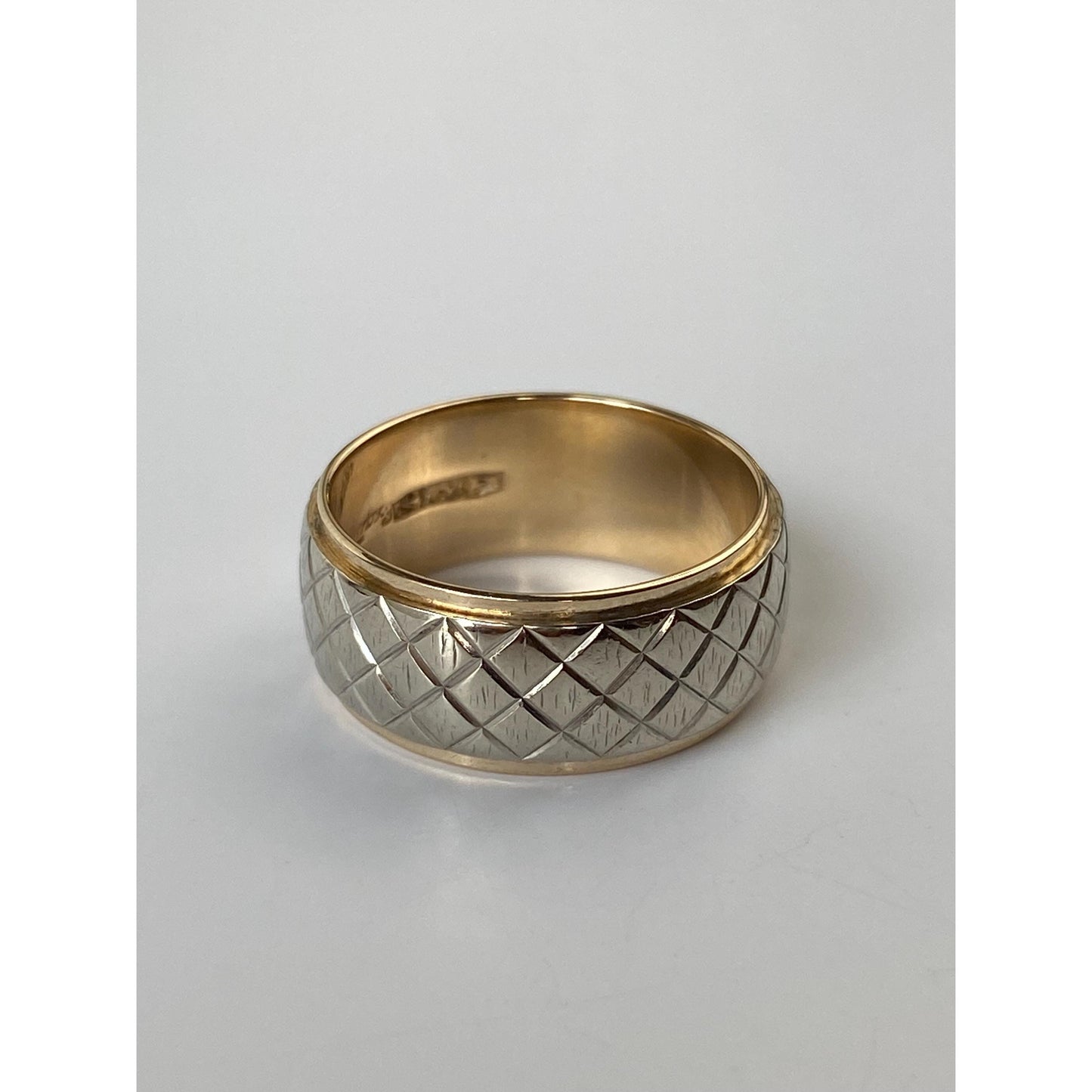 Vintage Solid 14k Yellow & White Gold Designed Wide Ring Band - Size 6.75