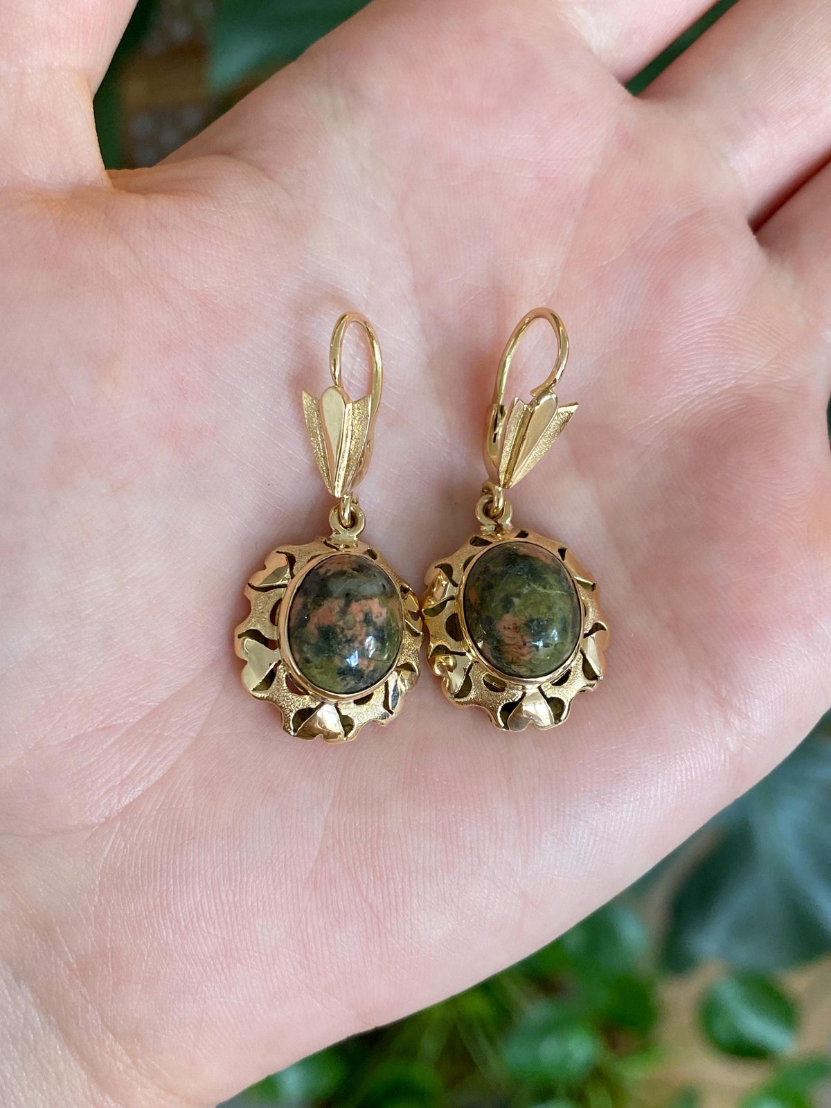 Vintage Solid 18k Yellow Gold Unakite Jasper Dangle Earrings