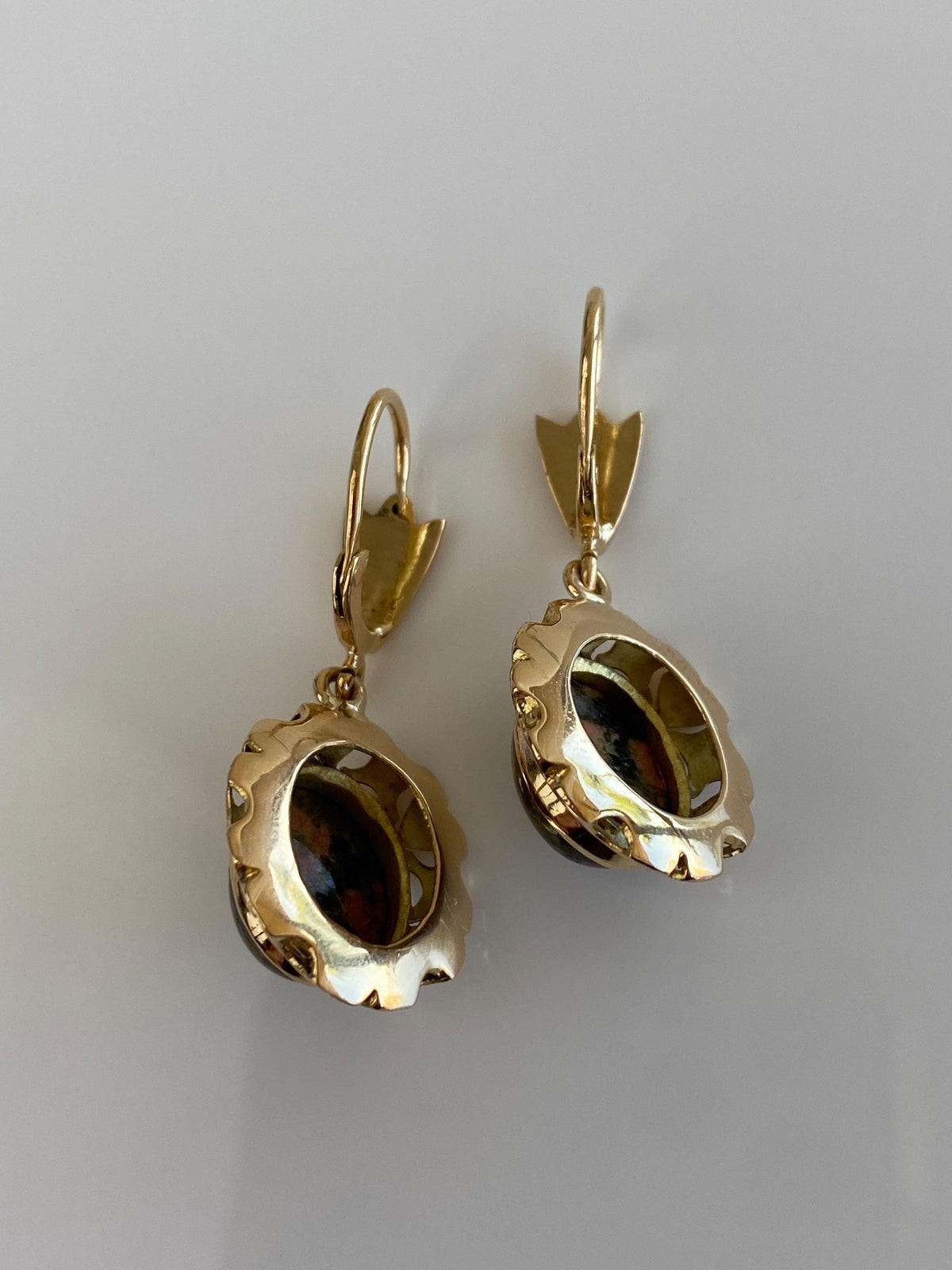 Vintage Solid 18k Yellow Gold Unakite Jasper Dangle Earrings